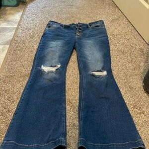 Kancan petite high rise flared ripped stretchy jeans size 13/30